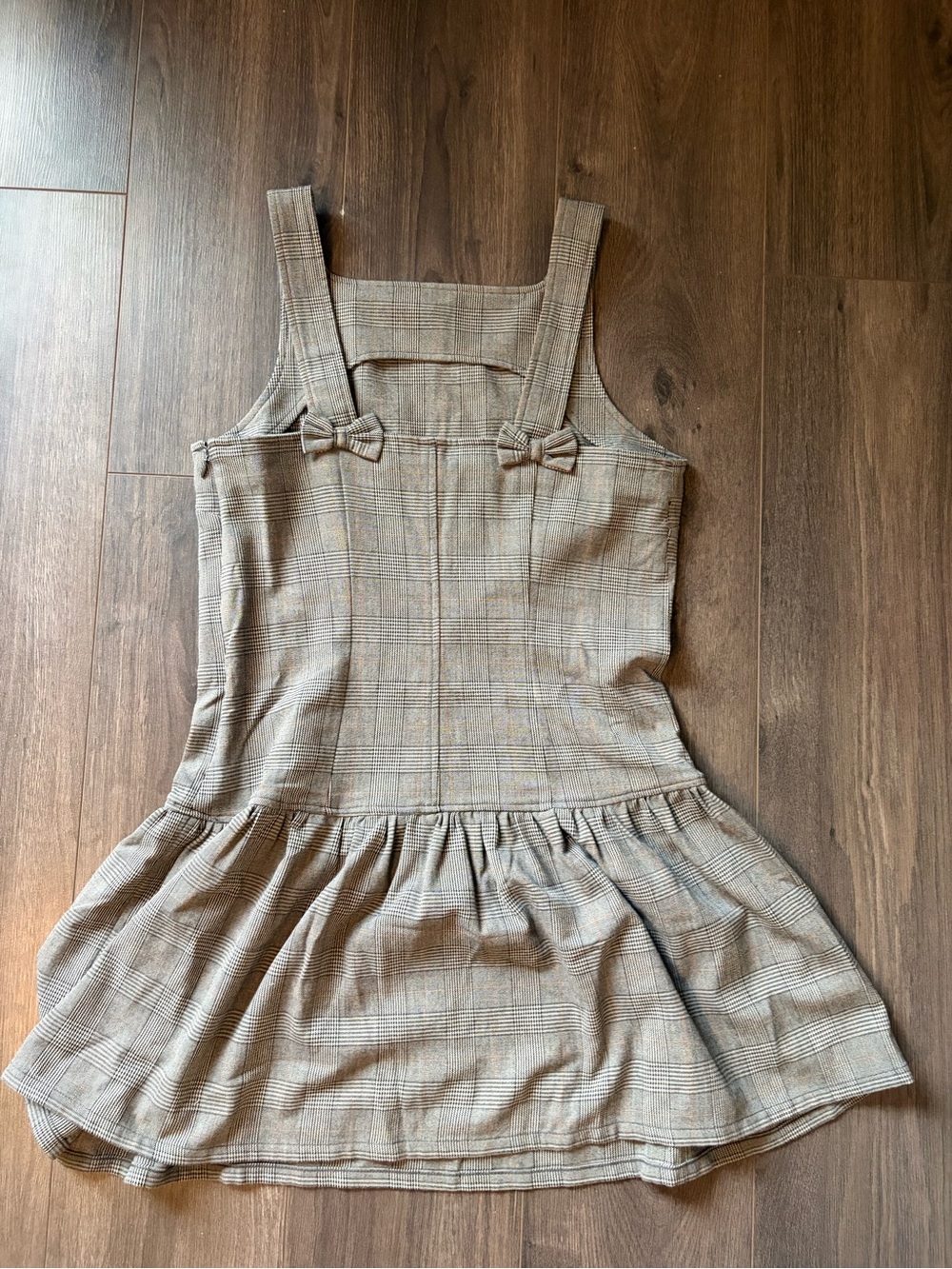 American Eagle Outfitters Beige Plaid Pinafore Dress with Bow Accents NWT